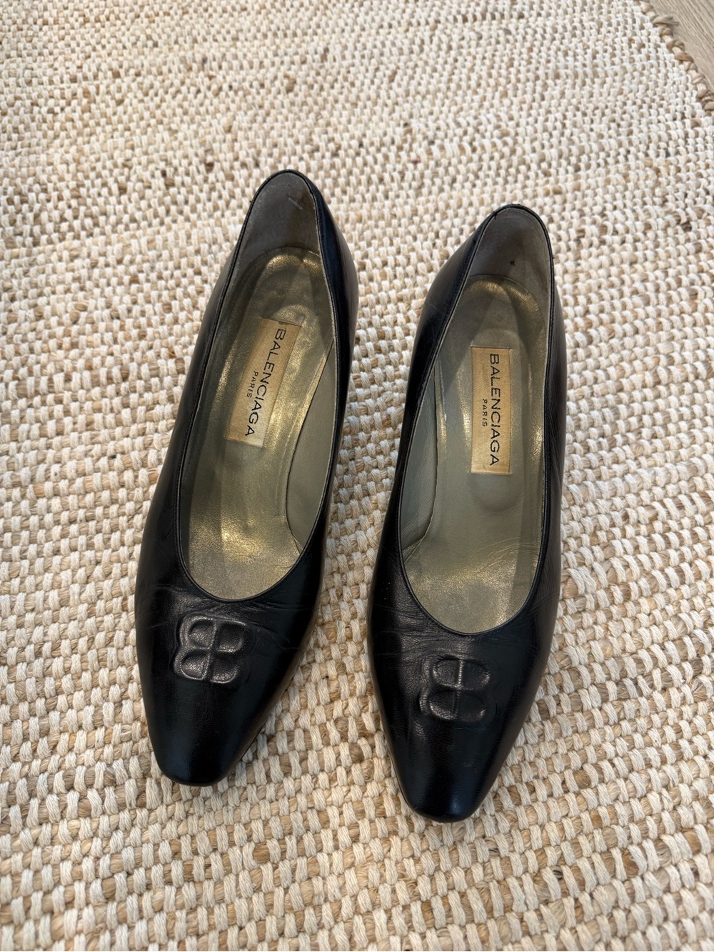 Balenciaga Black Leather Logo Detail Low Heel Pumps